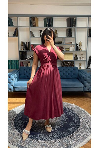 Nida Boutique Rochie midi cu decolteu în V, talie elastică, cu jumătate de mânecă și curea