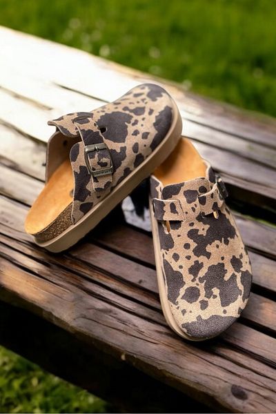 Land of Cork Anatomical Natural Cork Sole Cow Animal Cow Pattern Platform Genuine Leather Indoor Slippers