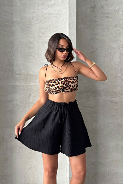 bacc Kadın Siyah Volanlı Rahat Kalıp Beli Lastikli Keten Şort Bchn-25255058
