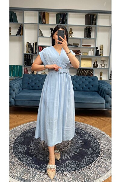 Nida Boutique Rochie midi cu decolteu în V, talie elastică, cu jumătate de mânecă și curea