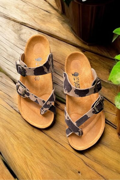 Land of Cork Anatomical Natural Cork Sole Cow Animal Print Flip Flops Suede Leather Women's Slippers