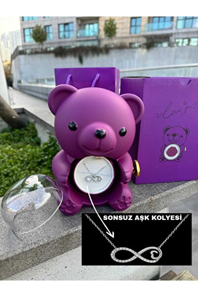 MUREYY AKSESUAR Güllü aşk ayıcığı ve sonsuz aşk kolyesi ( ayıcık kolye kutusu...