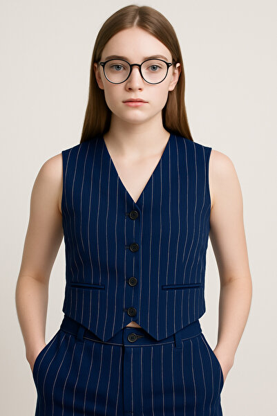 mini kanka Girl's and Stylish Double Suit - Black Striped Vest and Trousers Suit 14-17 Years