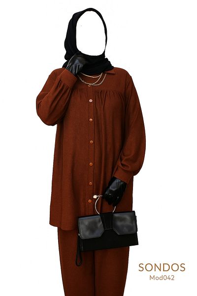 Çağla Chain Necklace Front Button Bat Sleeve Tie Double Set Coffee