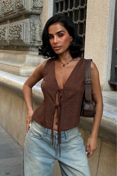 World Fashion Trends Front Tie Vest Blouse 8010