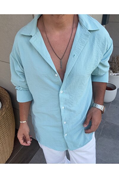 King Brothers Ανδρικό πουκάμισο μέντας Loose Fit Oversize Λινό Μέντα Χρώμα Ayrobin