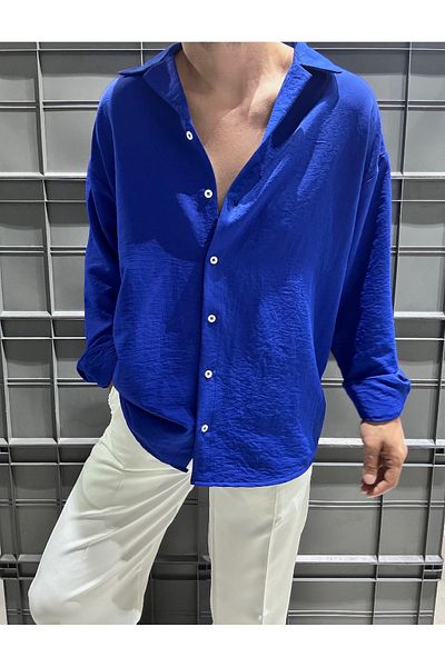 King Brothers Ανδρικό πουκάμισο Saks Blue Ayrobin Oversize - Λινό Look, Λεπτό Καλοκαιρινό