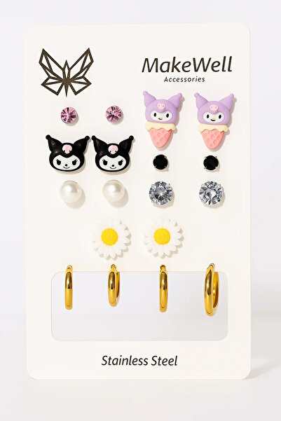 MakeWell Çelik Küpe Renk Atmaz Kararmaz Çelik Hello Kitty Dondurma Kuromi Tasarımlı Halka Çelik Küpeli Set