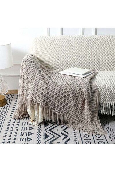 Generic Sofa Blanket, Khaki, Hand-woven, With Tassels, Soft Shawl 127x173cm