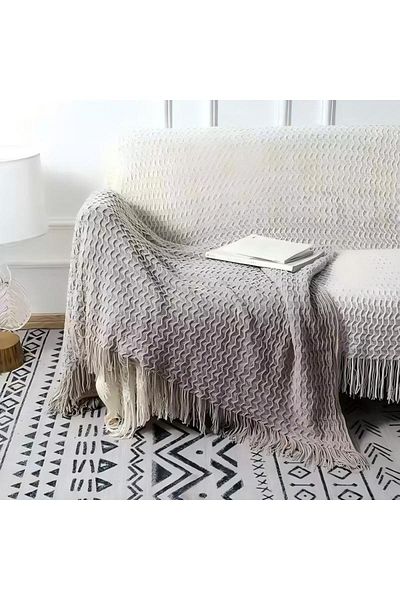 Generic Sofa Blanket, Khaki, Hand-woven, With Tassels, Soft Shawl 127x173cm