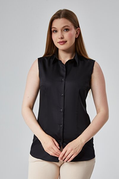 by shirts collection Kadın Siyah Sıfır Kol Gömlek