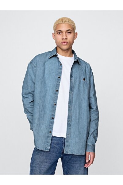GAP Erkek Mavi Brannan Bear İşlemeli Denim Big Gömlek