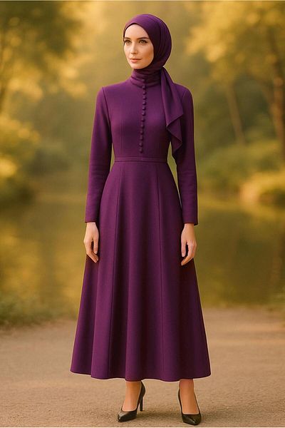 TRENDTESETTÜR Women's Plum Judge Collar Sash Rose Detailed Evening Dress 6313