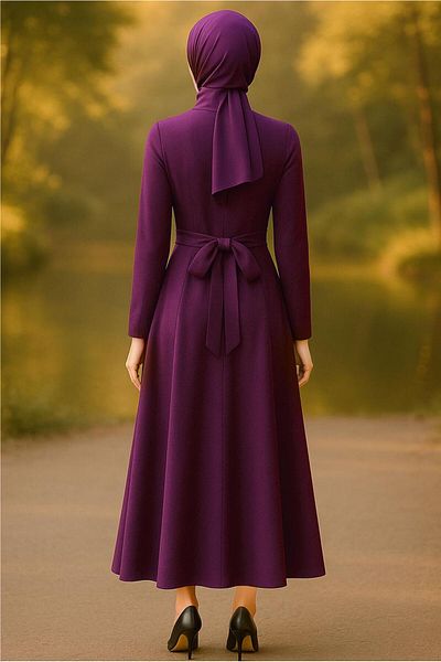 TRENDTESETTÜR Women's Plum Judge Collar Sash Rose Detailed Evening Dress 6313