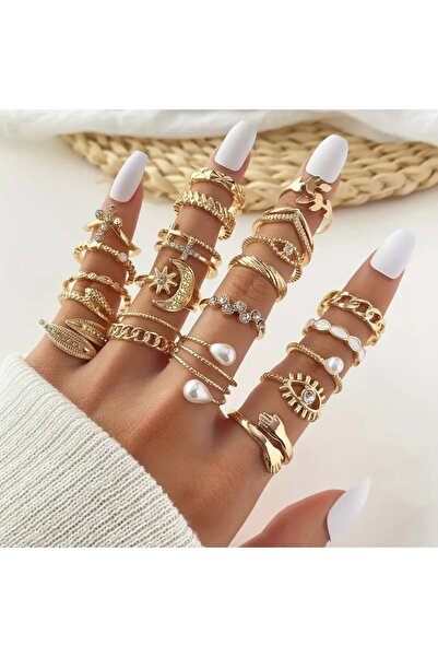 Perry Accesories 22 Adet Zirkon Taşlı Ayarlanabilir Incili Çoklu Eklem Yüzüğü...