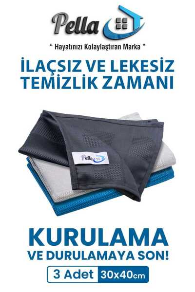 pella Classic 3'lü Mikrofiber Temizlik Bezi, Cam, Araba Silme Bezi, Mutfak, Fiber Temizleme Bezi, 40x30 Cm