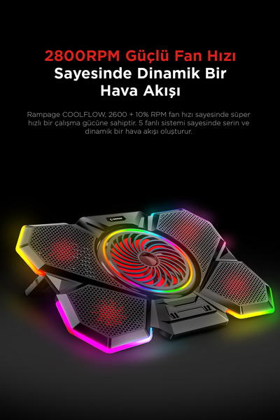 Rampage S47 Coolflow 5 Adet Kırmızı Led Fan 1 Usb 7 Farklı Kademe Ayarı 10'' 17.3'' Notebook Soğutucu