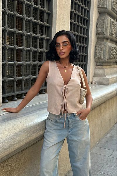 World Fashion Trends Front Lace-Up V-Neck Woven Blouse