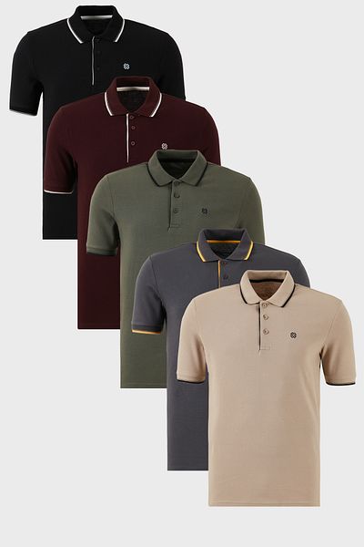 Buratti Cotton Slim Fit Stripe Detailed Buttoned Polo Collar 5'Li Package t Shirt Men t Shirt 5902118S5