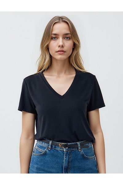 Jimmy Key Tricou modal tricotat cu mânecă scurtă cu decolteu în V negru