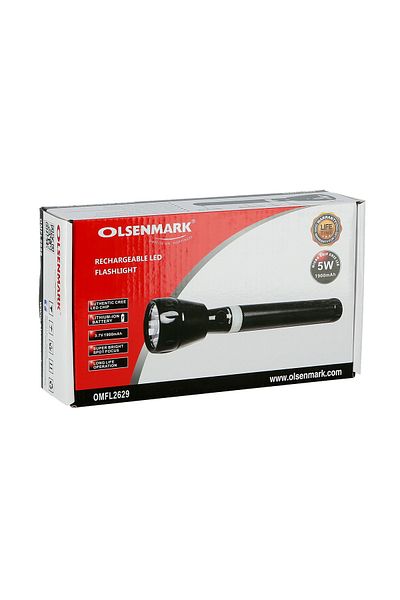 Olsenmark Rechargeable Led Flashlight 242mm – Cree Led Torch 1500m Range 1900mah Battery Outdoor Use