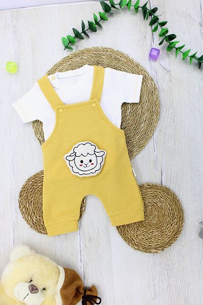 EYMİRGİYİM Lamb Figured Short Salopet Suit for Girls and Boys 0-3 Months, 3-6 Months, 6-9 Months