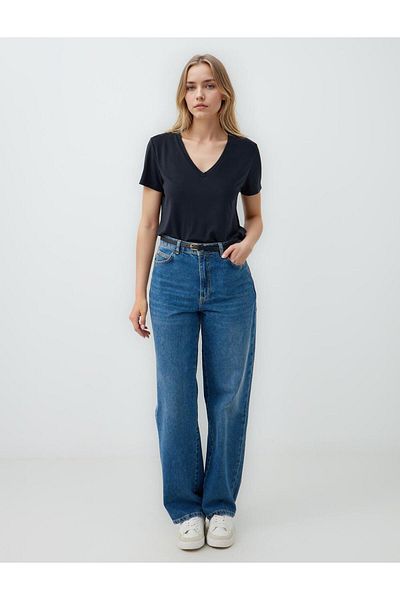 Jimmy Key Tricou modal tricotat cu mânecă scurtă cu decolteu în V negru