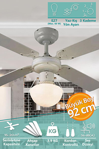 Trend Maison Aydınlatmalı 60 W Ahşap Eko Tavan Vantilatörü Beyaz 4 Kanat 92 cm