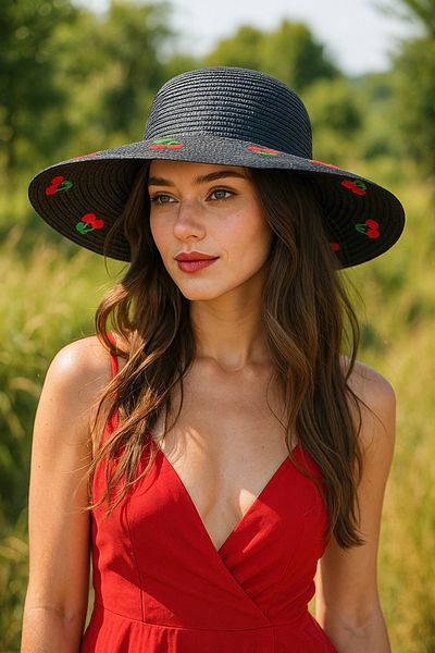 Luminos Butik Black Cherry Embroidered Wide Brim Women's Summer Hat Hsr2115
