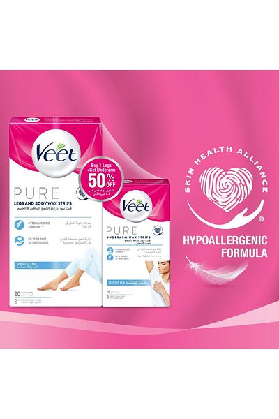 Veet Pure Legs & Body Wax Strips, 20 Strips + Underarm Wax Strips for Sensitive Skin, 16 Strips x4