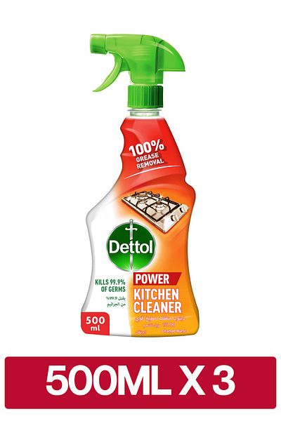 Dettol Kitchen Cleaner Spray Bottle, Orange Scent, 500 ml x3