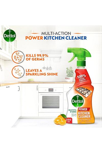 Dettol Kitchen Cleaner Spray Bottle, Orange Scent, 500 ml x2