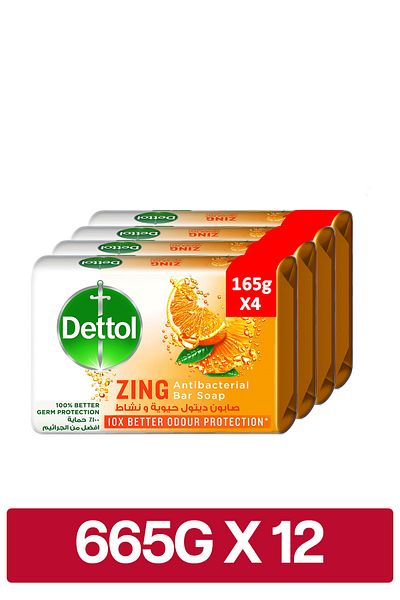 Dettol Zing Antibacterial Bar Soap, 10X Better Odour Protection, 165g, Pack of 12