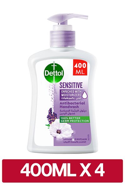 Dettol Sensitive Liquid Handwash Pump, Lavender & White Musk Scent, 400ml x 4