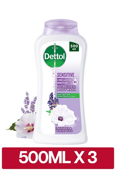 Dettol Sensitive Shower Gel & Body Wash, Lavender & White Musk Scent, 500ml x3