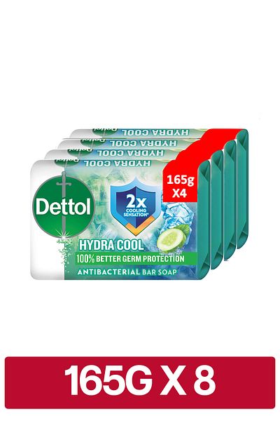 Dettol Hydra Cool Bathing Soap, Cucumber & Icy Menthol Scent, 165g x 8