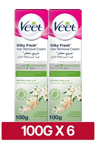Veet Silky Fresh Hair Removal Cream, Nourishing Shea Butter & Lily Scent, 100g x 6