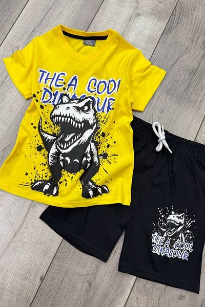 eQru Store Dinosaur Printed Yellow T-Shirt and Black Shorts Summer Kids Set