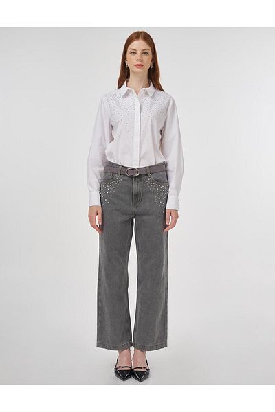 Kayra Grey Denim Trousers - Stone Embroidered