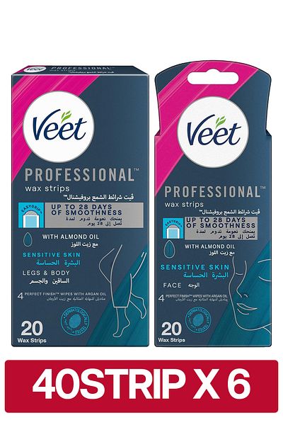 Veet Hair Removal Easy-Gel Legs & Body, 20 Strips + Face Wax Strips for Sensitive Skin, 20 Strips x6