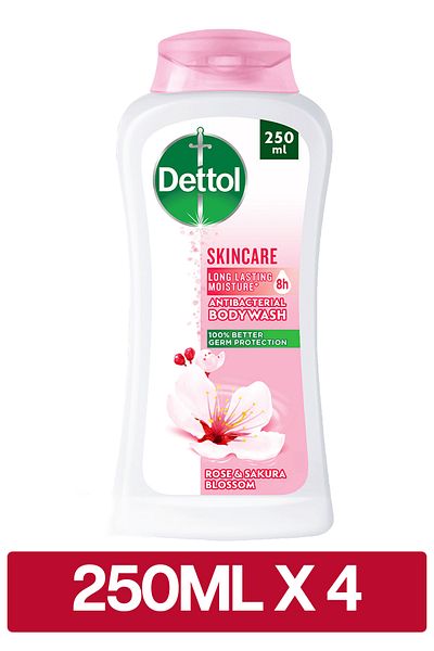 Dettol Skincare Shower Gel & Body Wash, Rose & Sakura Blossom Scent, 250ml x 4