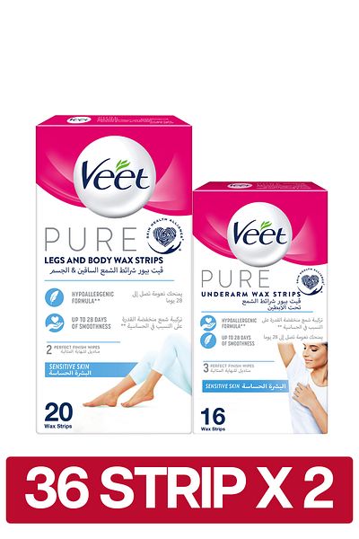 Veet Pure Legs & Body Wax Strips, 20 Strips + Underarm Wax Strips for Sensitive Skin, 16 Strips x2
