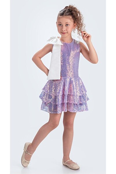 Mnk Baby&Kids Yaka Fiyonk Işıltılı Pul Payet Kumaş Kız Çocuk Abiye Elbise M00702 Lila
