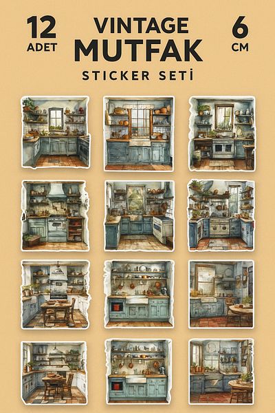 cakaybu Vintage Kitchen Themed Sticker Set – 12 Pieces, 6 cm |   Notebook, Laptop, Bujo, Gift Package Ornament