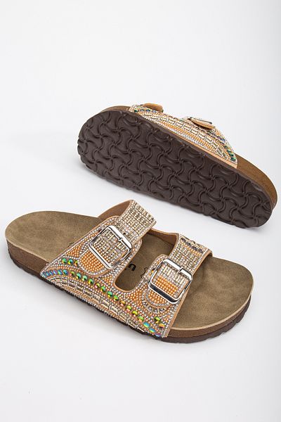 Polomia Comfort Bloom Women's Orthopedic Eva Sole Daily Slippers Double Banded Buckle Diamond Embroidered