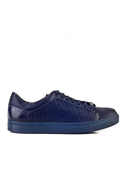 Cabani Genuine Leather Navy Blue Lace-Up Men's Casual Shoes