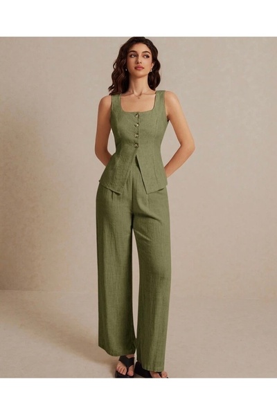 ketenhome Çağla Yeşili Kare Yaka Arkadan Bağlama Detaylı %100 Organik Keten Y...