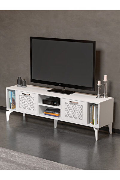 GOLDFALEZ Tv Sehpası Tv Ünitesi Beyaz Gümüş 160 Cm Linya 5043
