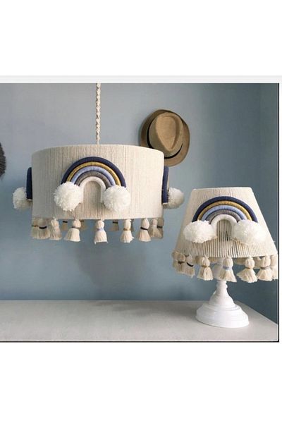 Tasarı Sanatı Baby / Kids Room Macrame Special Design Lampshade (Wooden Leg) - Chandelier Lighting Set