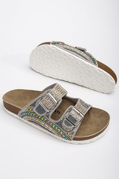Polomia Comfort Bloom Women's Orthopedic Eva Sole Daily Slippers Double Banded Buckle Diamond Embroidered